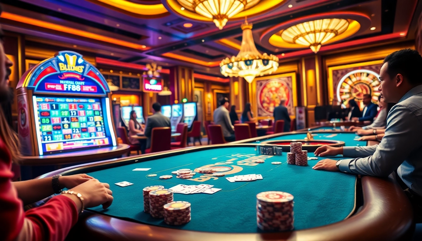 Engaged players immerse in the vibrant atmosphere of FB88's luxurious casino.