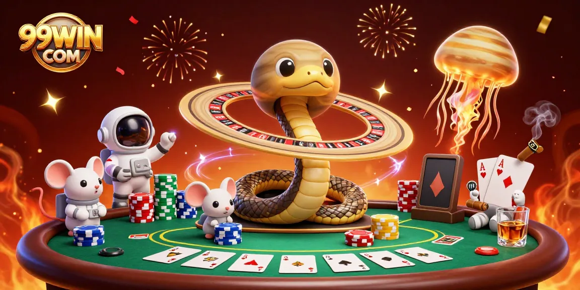 Experience excitement at 99WIN COM with a vibrant cosmic casino scene showcasing unique characters.