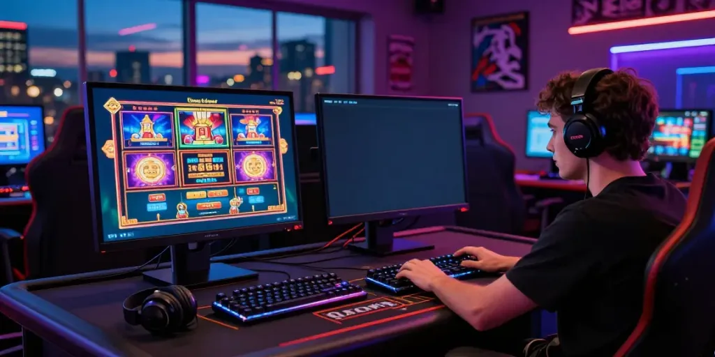 Player gaming at a vibrant non gamstop casino setup with dual monitors, ambient lighting, and gaming peripherals.