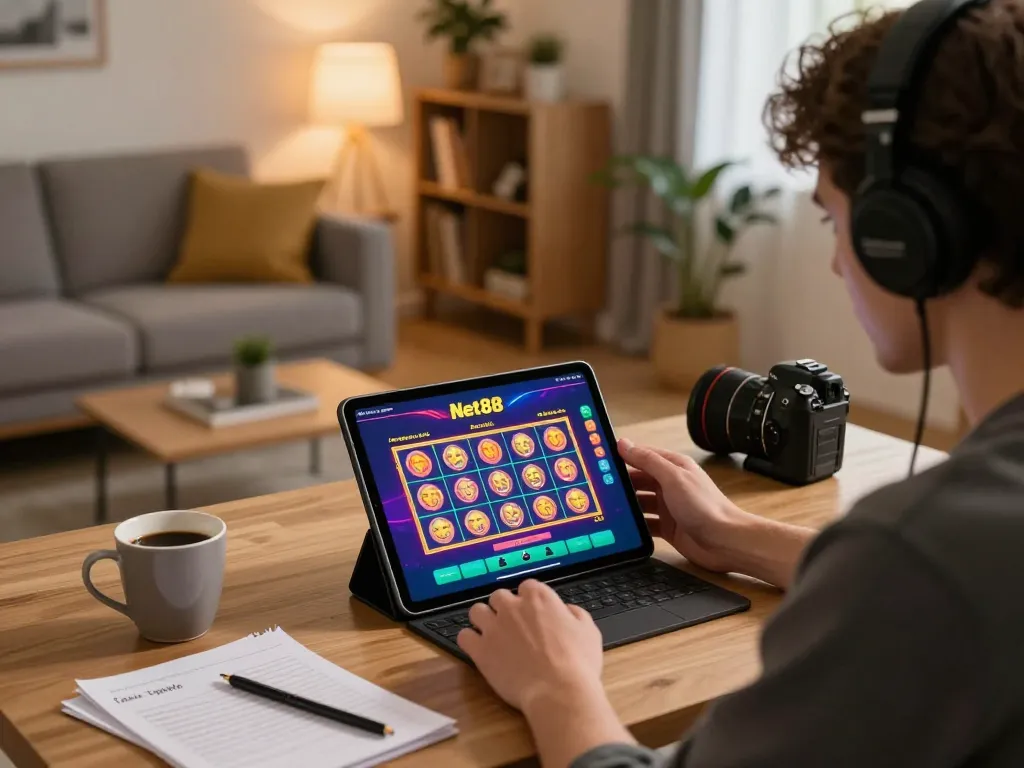 Engaging with the Net88 casino app while enjoying a comfortable home gaming setup.