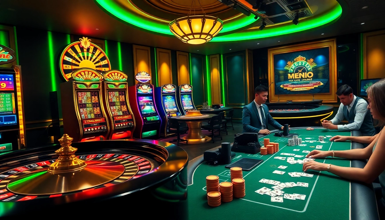 A vibrant casino scene featuring mm88.com with roulette, slot machines, and a poker table, showcasing professional gaming excitement.