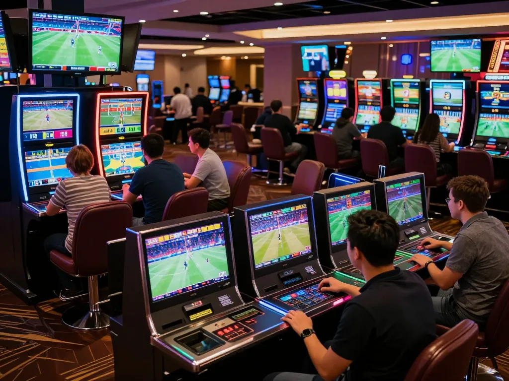 Engaged patrons analyzing tỷ lệ kèo nhà cái 5 in a bustling sports betting lounge