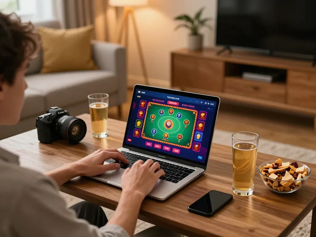 Engaged player enjoying Game bài đổi thưởng on a laptop in a cozy home setup, highlighting responsible gaming.