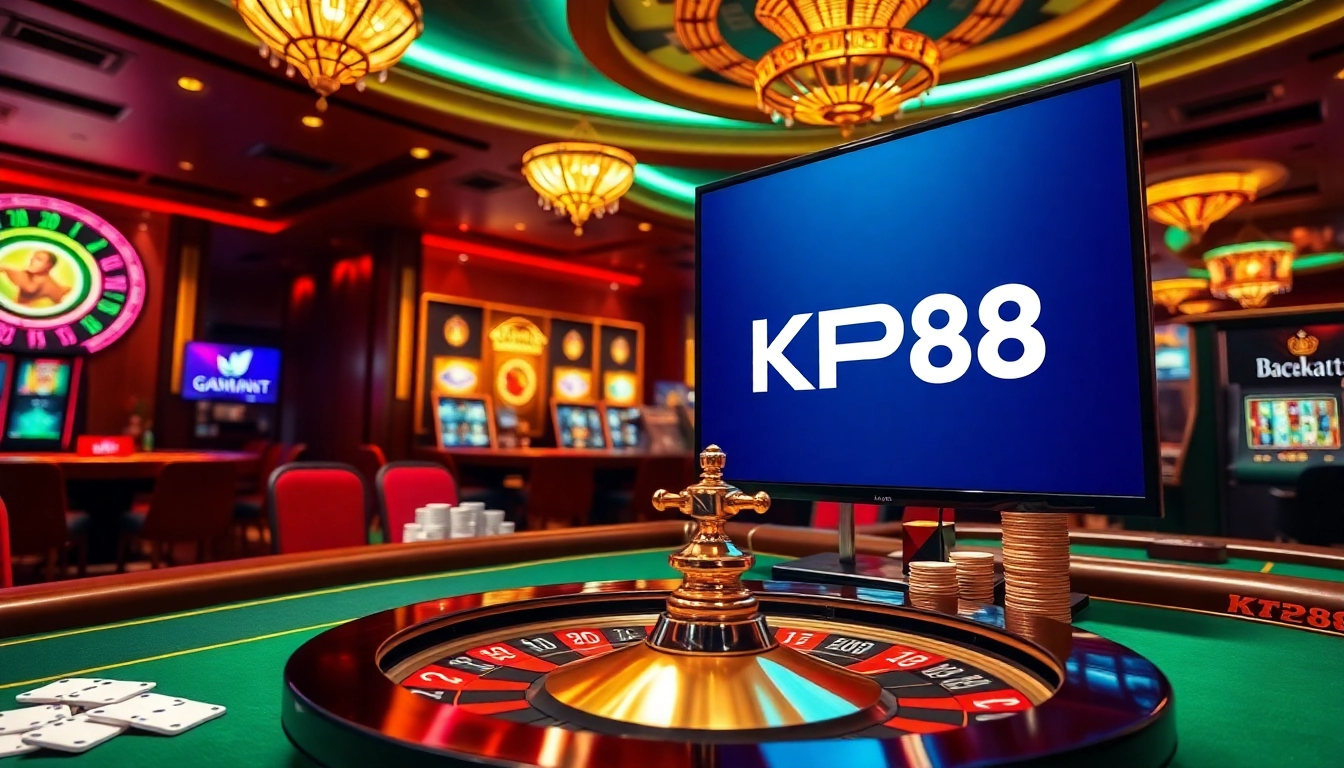 Experience the excitement of KP88 in a luxurious casino environment featuring roulette, slots, and poker tables.