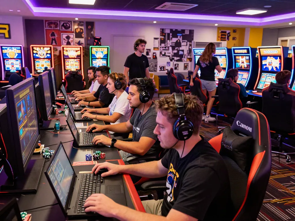 Players enjoying a lively game session at a non Gamstop casino lounge, capturing the excitement of gameplay and social interaction.