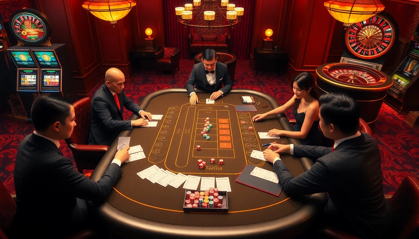 Tài Xỉu MD5 game scene showcasing players betting at a luxurious casino table.