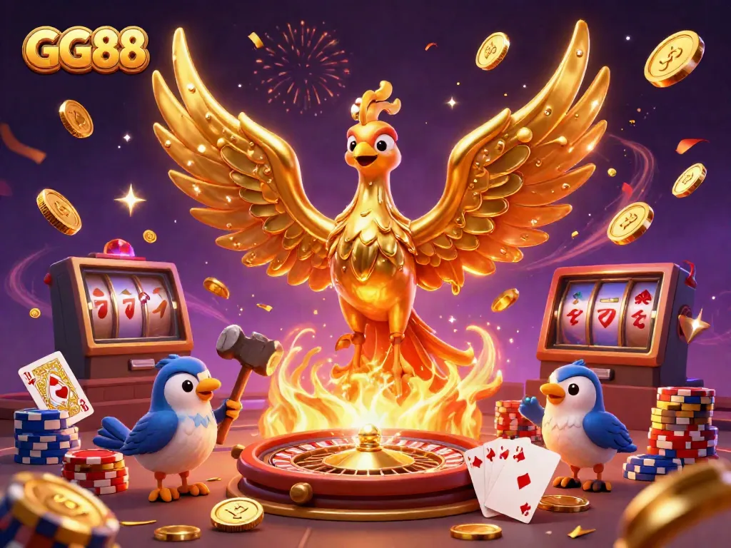 Experience thrilling wins with GG88 as a golden phoenix rises in a vibrant casino world.