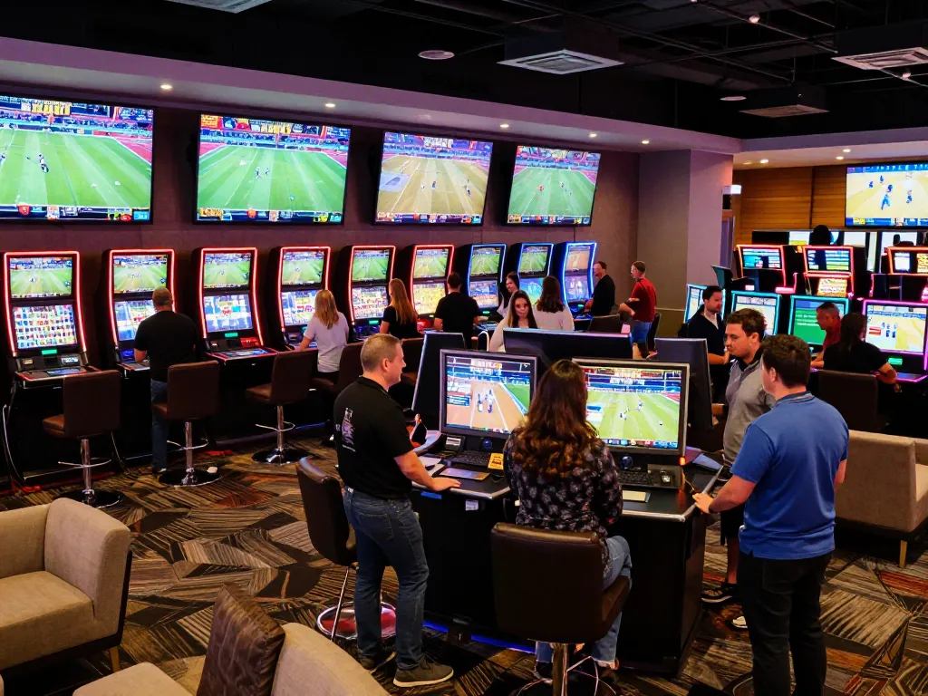 Place bets at gk88 in a vibrant casino sports betting area filled with excitement and live action