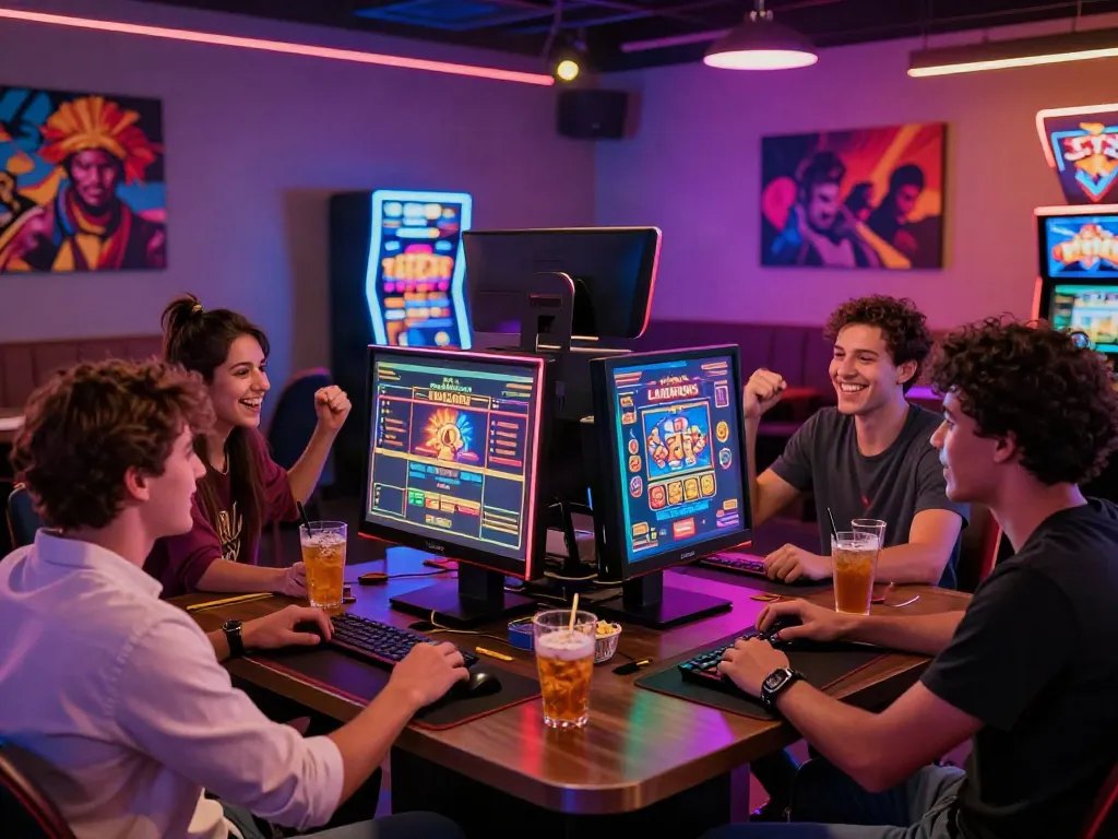 Group enjoying games at a non gamstop casino with vibrant atmosphere.