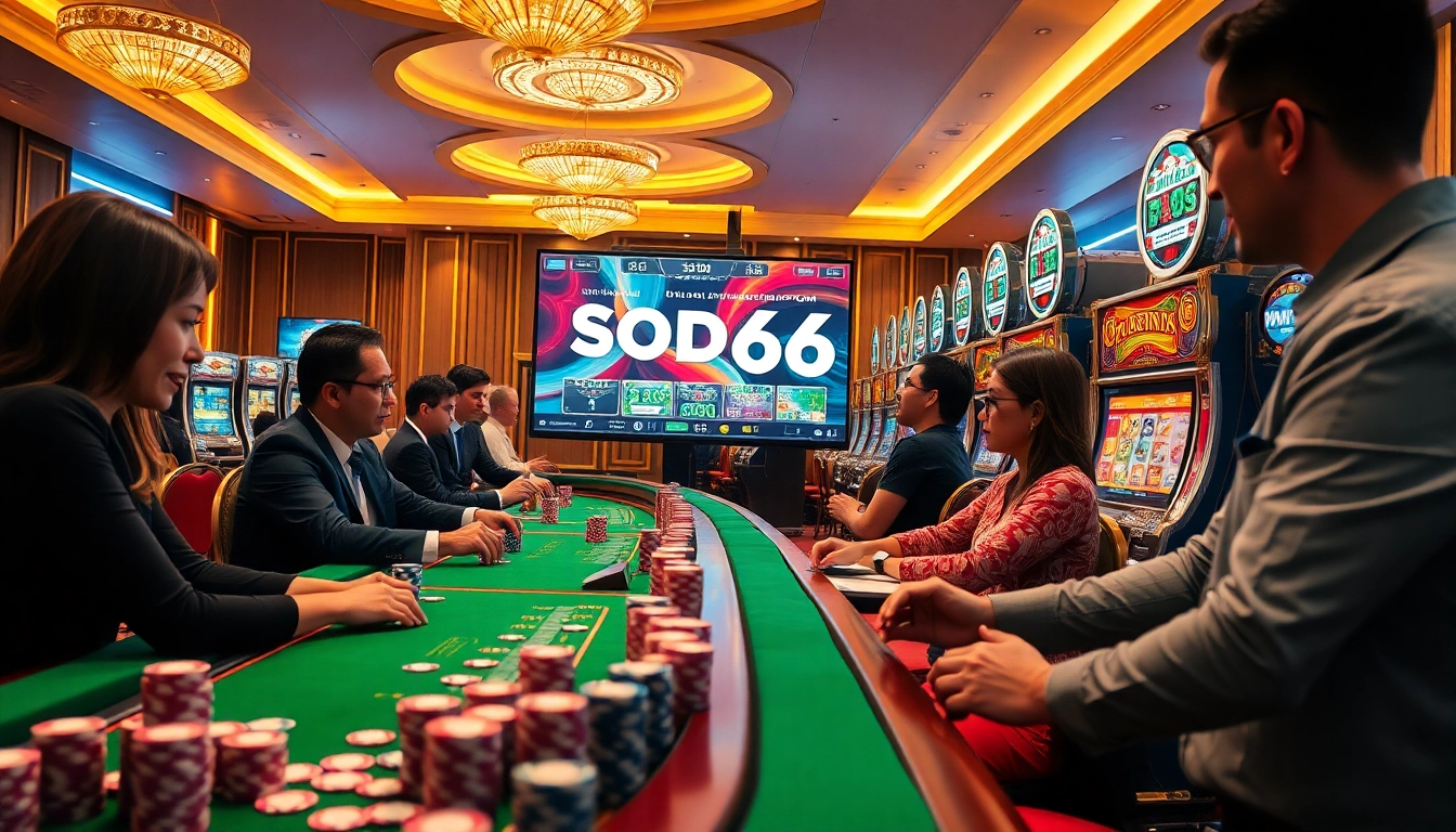 SODO66 players engaged in a thrilling casino experience with vibrant slot machines and poker tables.