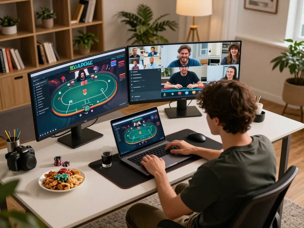 Engaging in online poker at home via https://max88sss.com/ with modern gaming setup and snacks