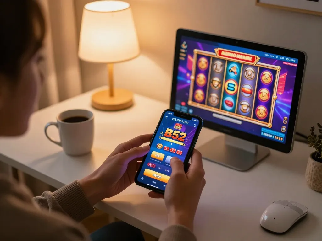 B52 players enjoying dynamic mobile gaming action with vivid slot visuals in a cozy atmosphere.