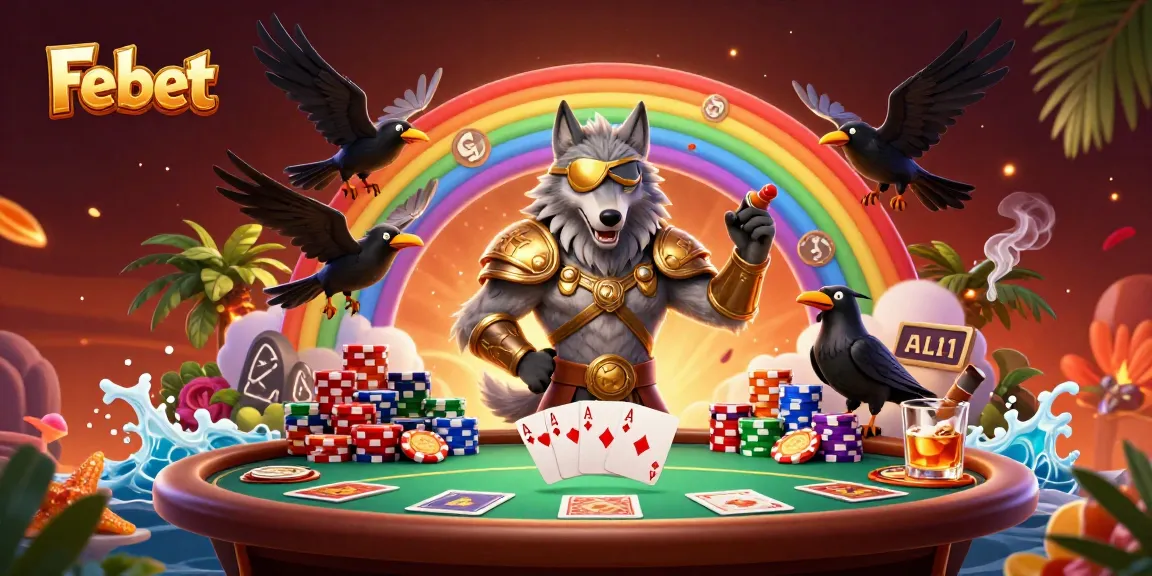 Play at Febet, where the Odin wolf leads a thrilling poker game amidst vibrant casino elements.