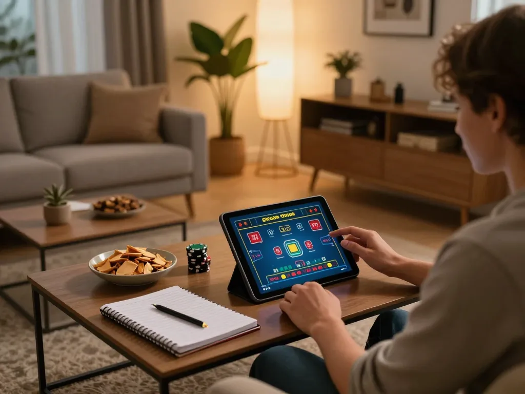 Player enjoying a live dealer game at home through Vsbet, showcasing strategic betting and a relaxed atmosphere.