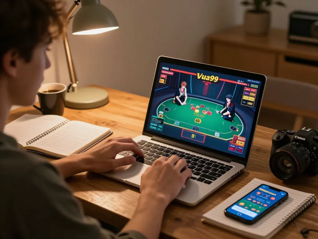 Engage in strategic poker gameplay on Vua99 from a cozy home workspace