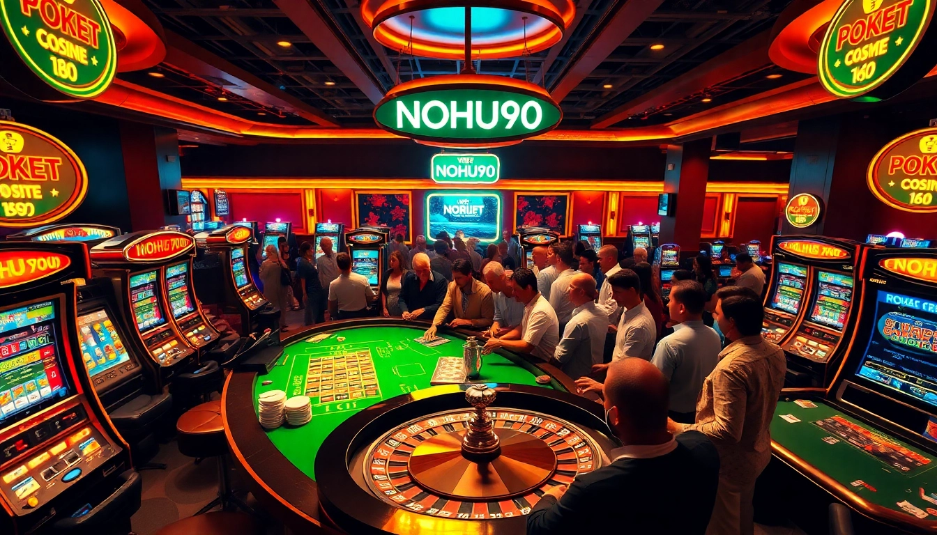 Exciting NOHU90 casino atmosphere with players engaging at roulette and slot machines.