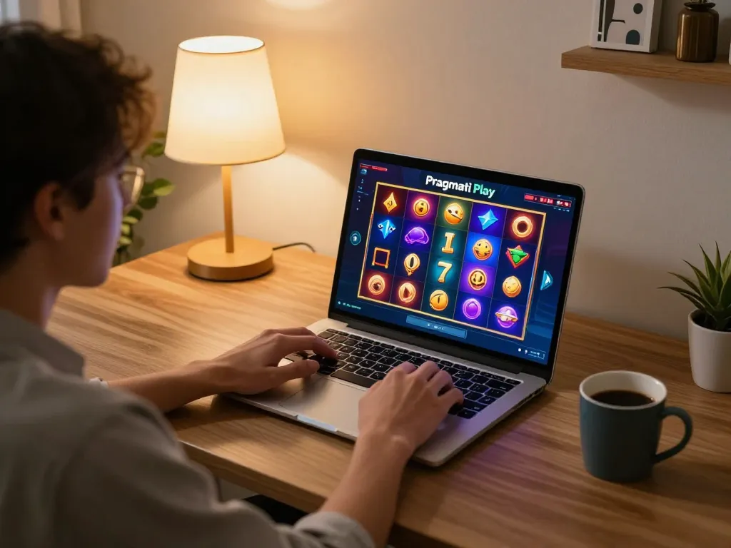 Engaged player spinning Pragmati Play slots on a laptop in a cozy gaming setup.