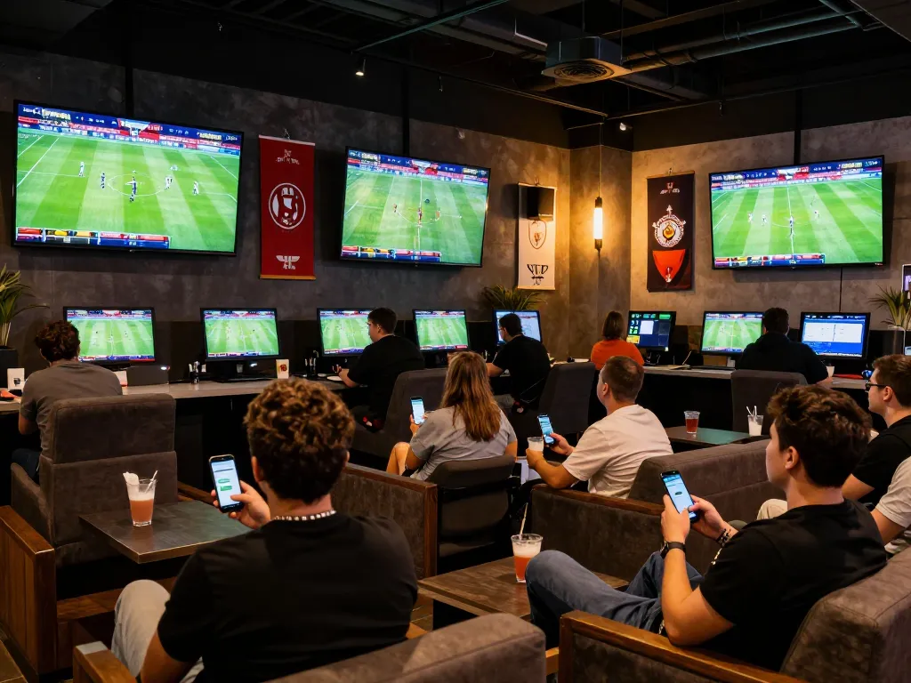 KQBD sports betting enthusiasts enjoy live football matches in a modern lounge atmosphere.