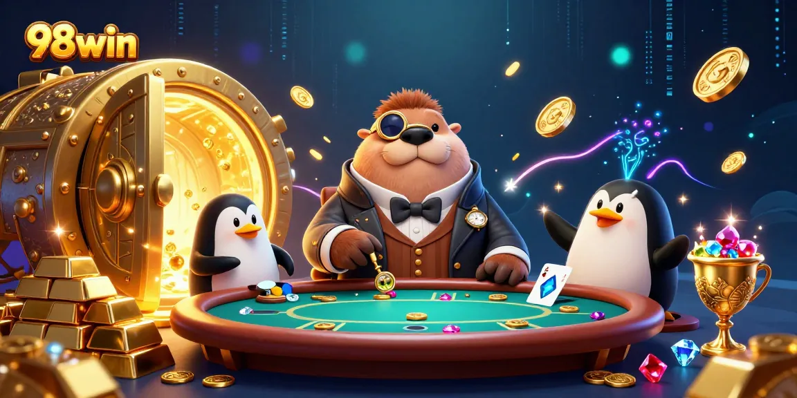 Engage in exciting poker action at 98win with a cartoon walrus, penguin dealer, and pufferfish bluffing.