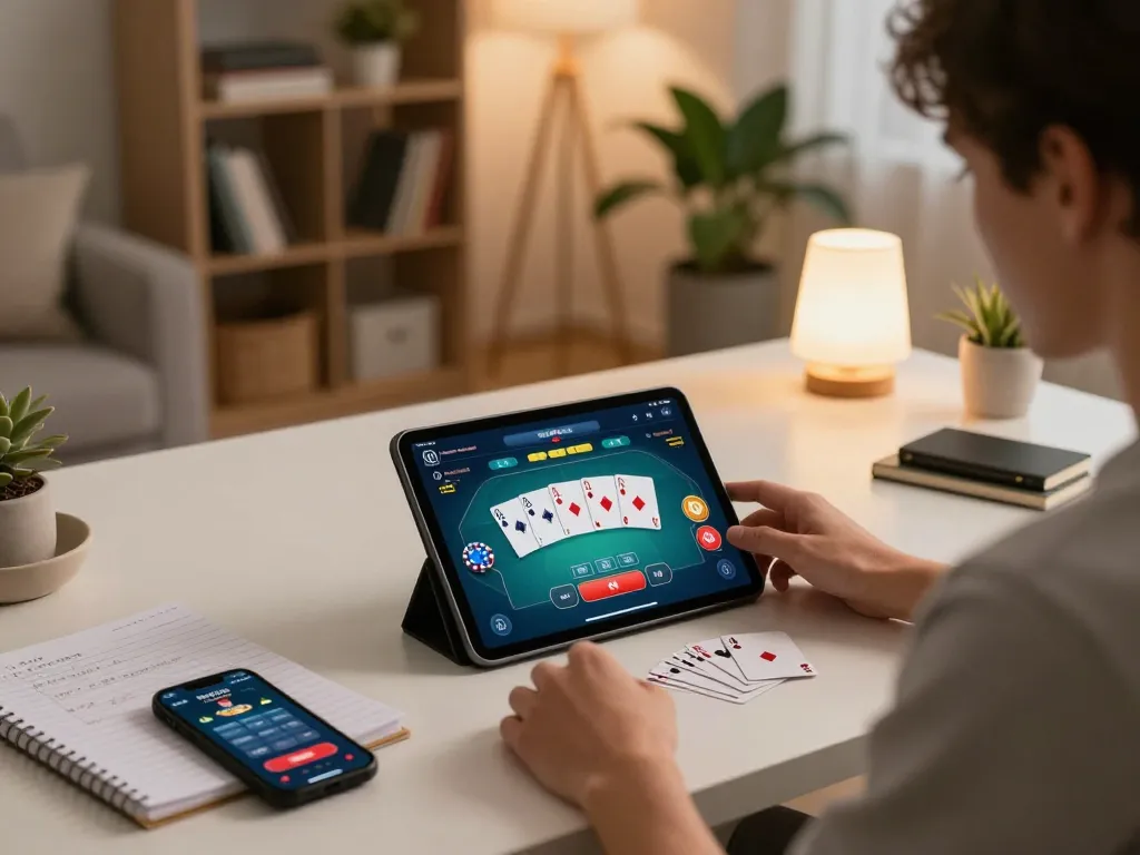 hitclub player strategizing at home poker table with tablet and notes