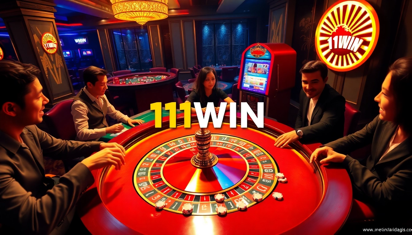 Experience the excitement of 11WIN with players at a busy roulette table in a luxurious casino.