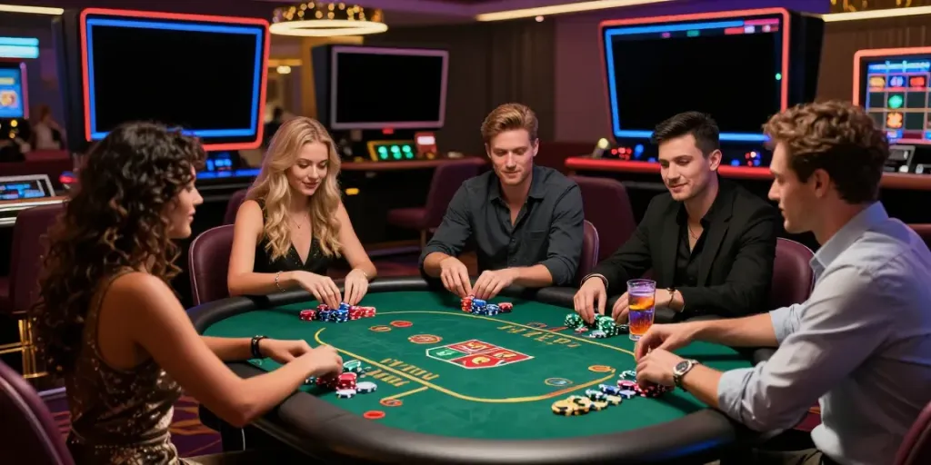 Exciting atmosphere at a non gamstop casino with friends enjoying various games and drinks.