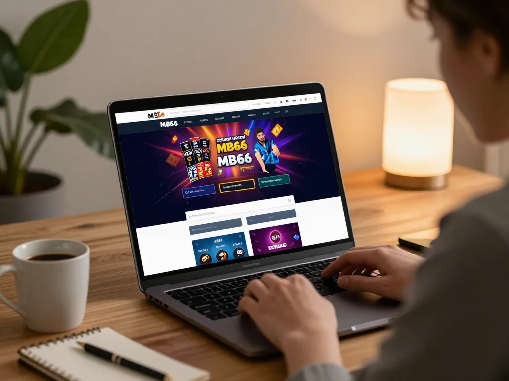 Engaging user interface of mb66 đăng nhập on a laptop in a cozy home office.