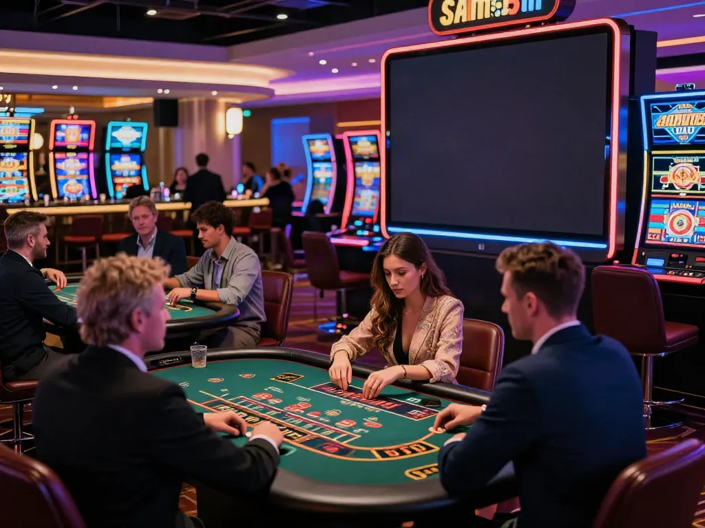 Exciting non GamStop casino scene with players enjoying diverse gaming tables and vibrant atmosphere.
