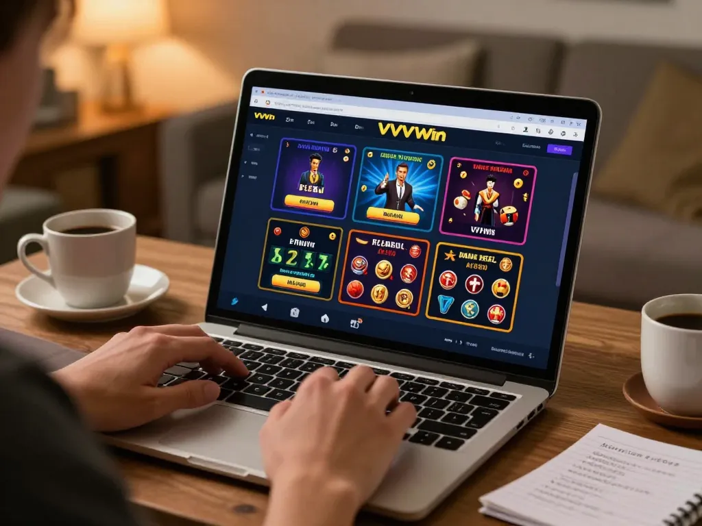 Engaged user exploring VVVwin online casino interface at home, showcasing strategic gameplay atmosphere.