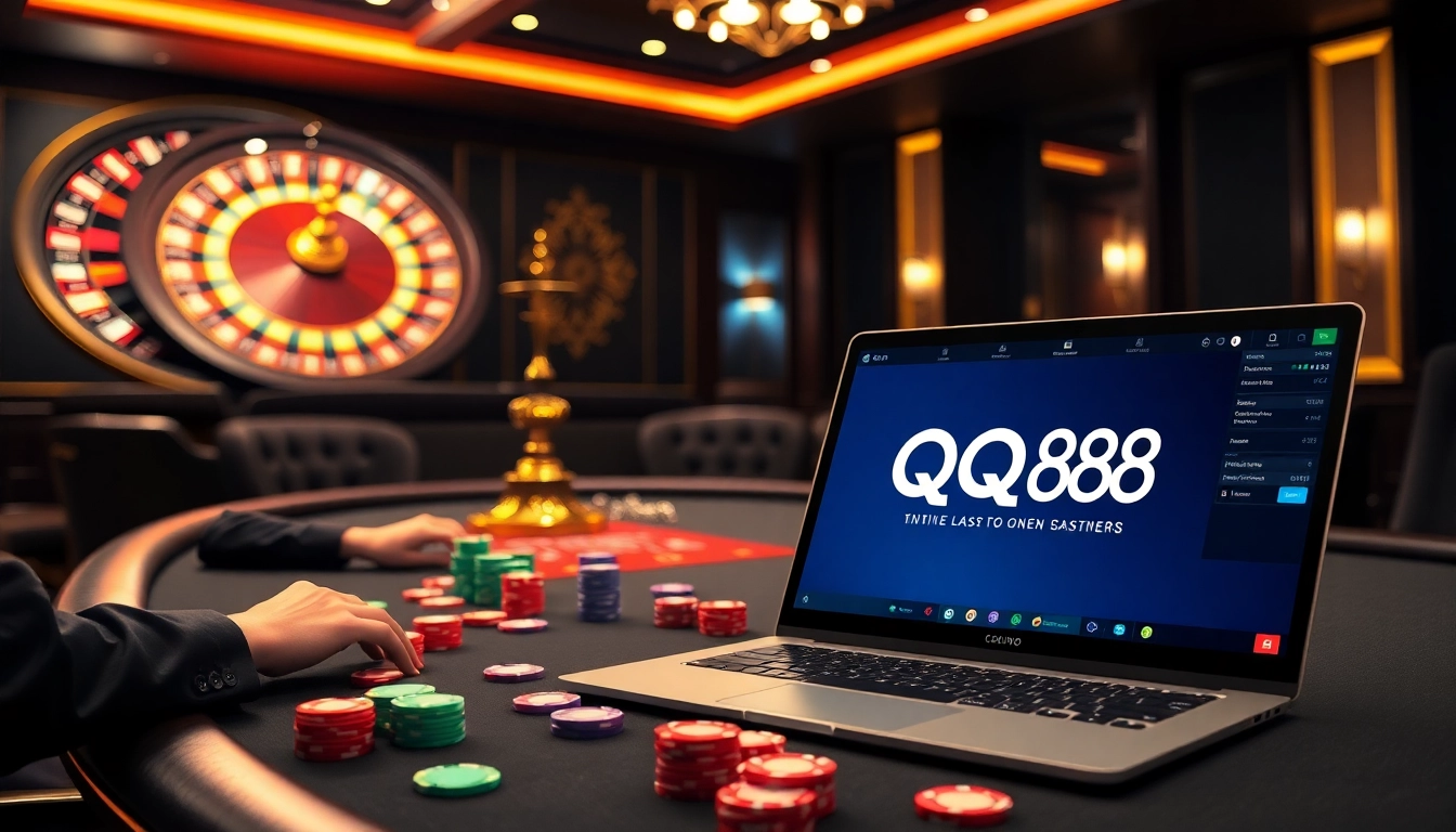Experience the thrill of gambling at QQ88 with vibrant poker and roulette table scenes.