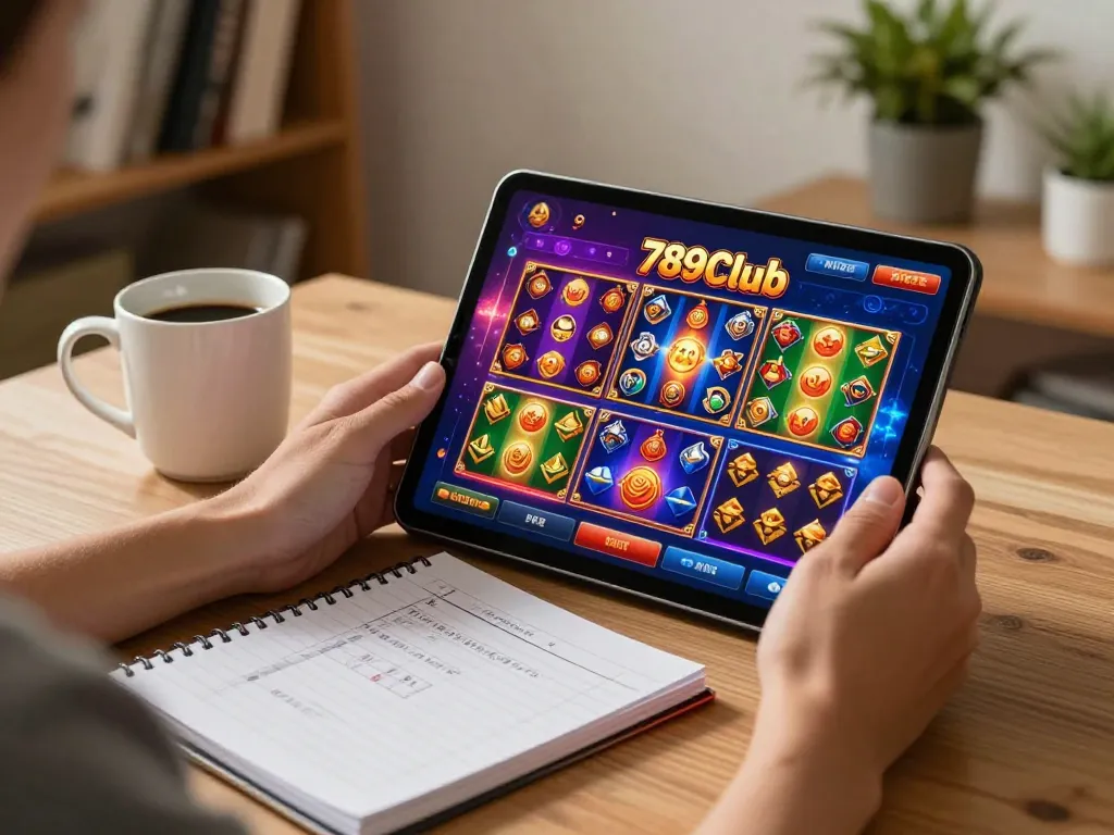 Engaged player enjoying 789club online casino on a tablet at home with cozy atmosphere.