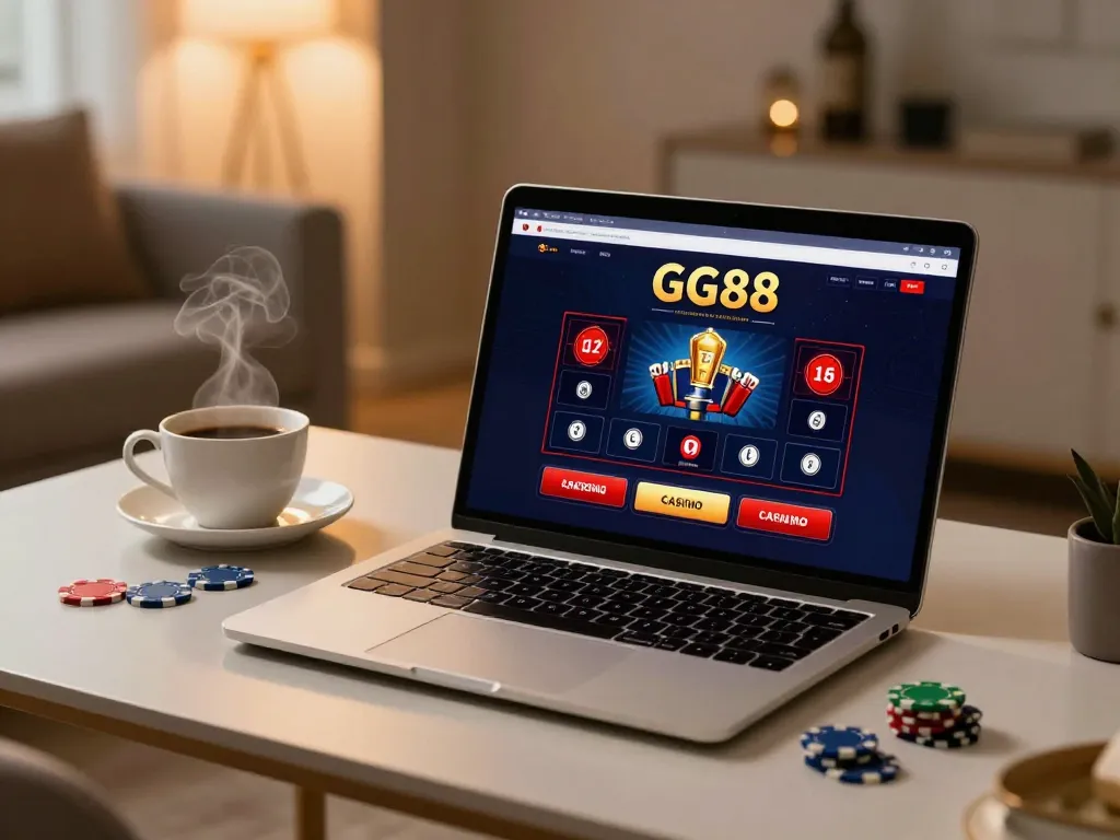 Gambling at GG88 online casino on a cozy desk with poker chips and warm lighting.