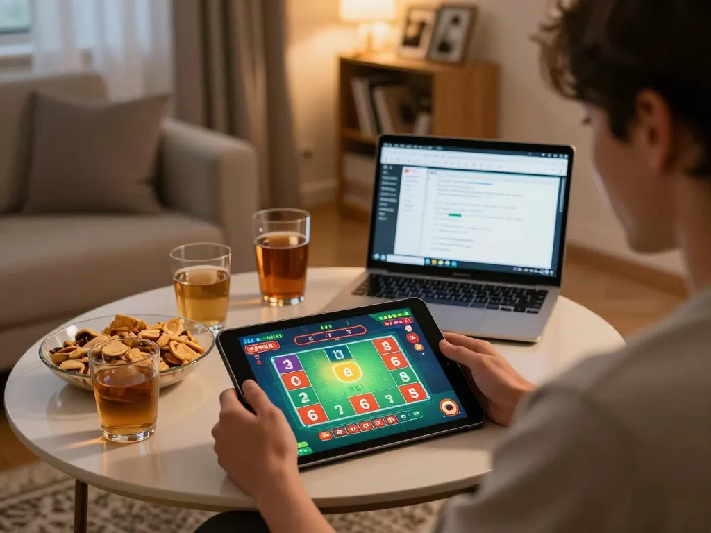 Xóc đĩa gameplay displayed on tablet during a cozy home gaming session with notes on strategy.