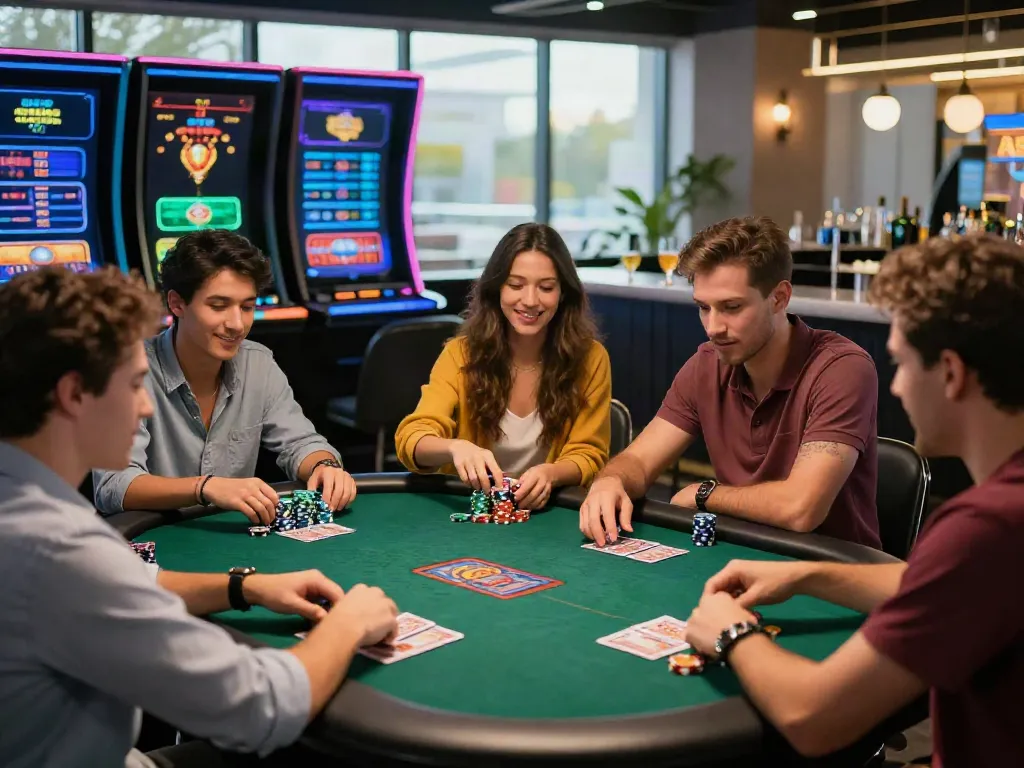 Friends enjoying a lively non Gamstop casino gaming session at a vibrant table.