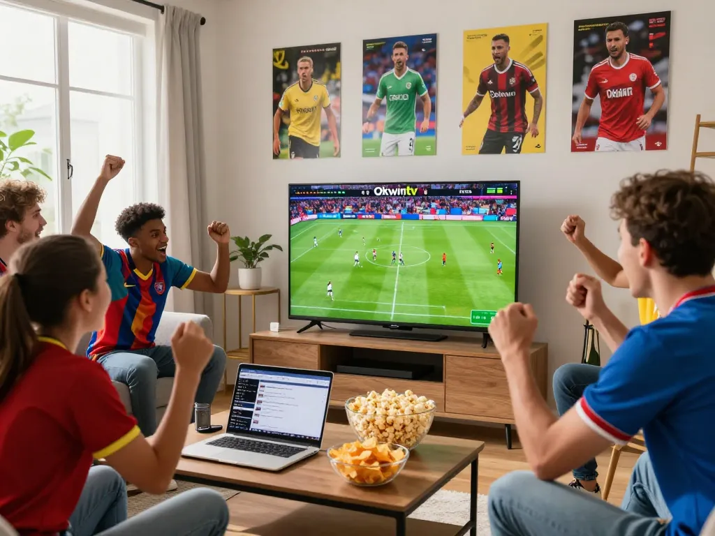 Fans enjoying a live football match on Okwintv with snacks and lively atmosphere.