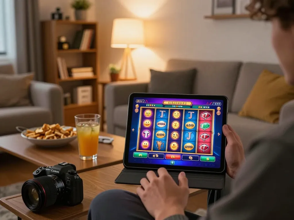 Engaging in online gaming with sunwingo's slot machine interface from a cozy home setup.
