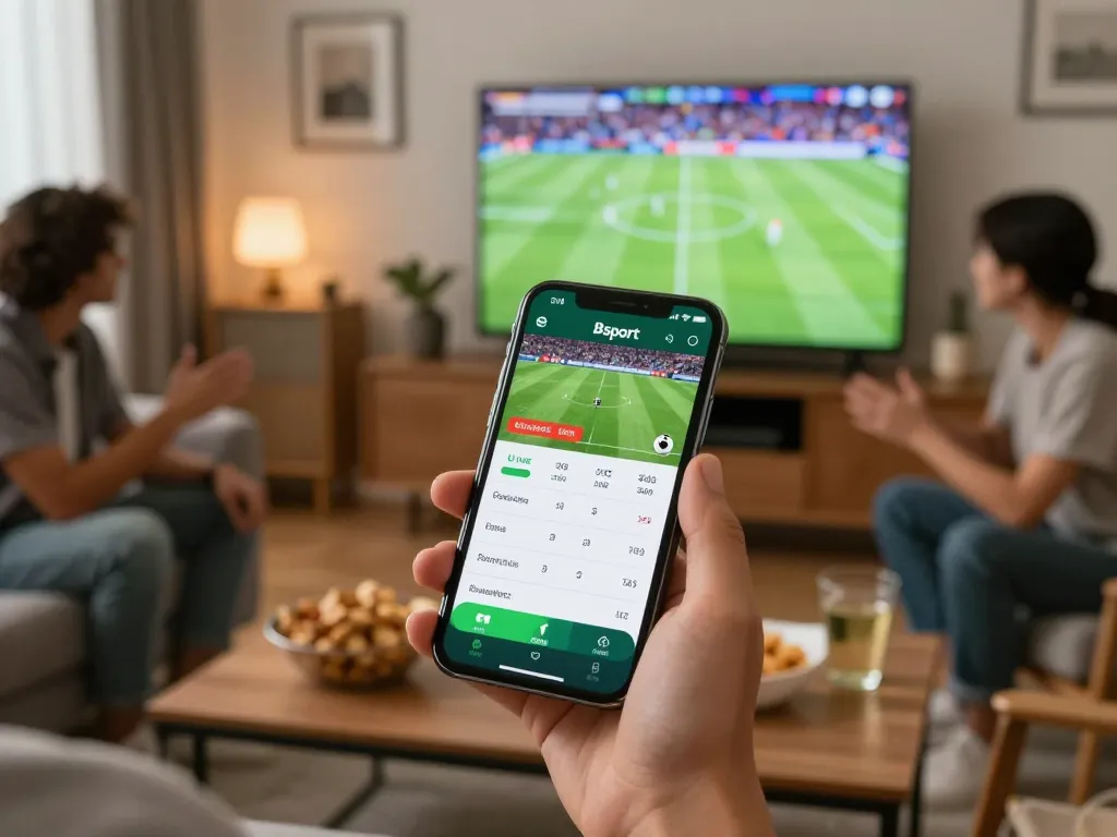 Person engaging in live sports betting on Bsport app while watching a game with friends.