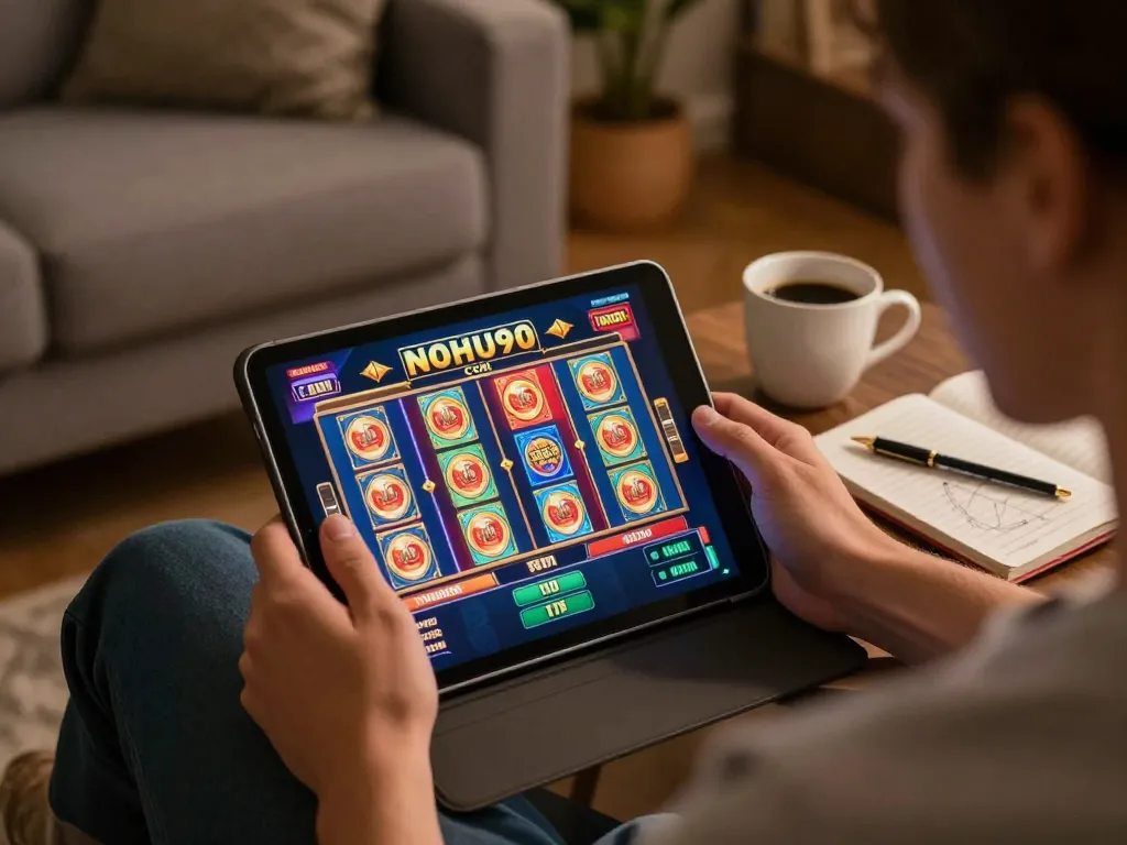 Engaging with NOHU90 COM on tablet for exciting online slot gameplay.