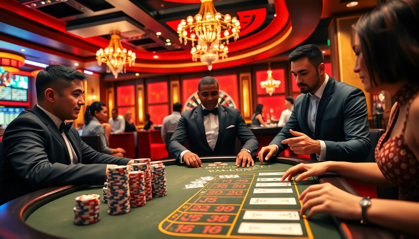 Players celebrating a win at OPEN88's casino table, showcasing vibrant poker chips and a roulette wheel.