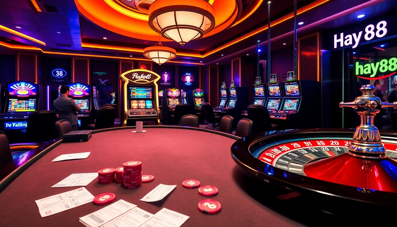 Hay88 players engaging in an exciting casino experience with vibrant slot machines and a roulette wheel.