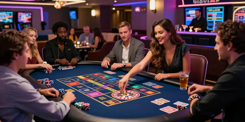 Diverse group enjoying gaming activities at a vibrant non GamStop casino, featuring roulette and social setting with drinks.