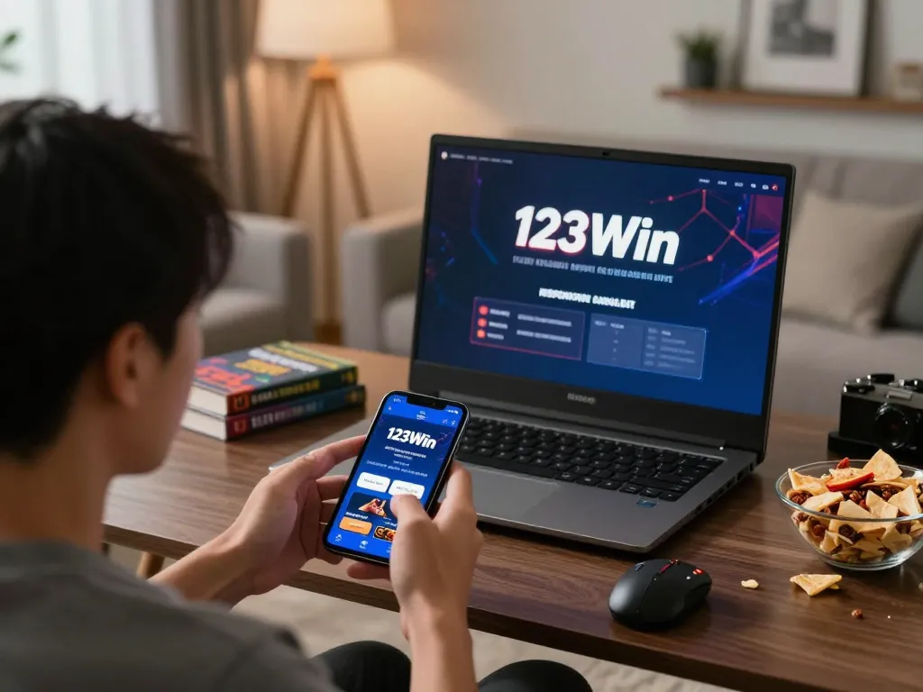 Player engaging with 123Win mobile app, strategizing online gaming in a cozy home setting.