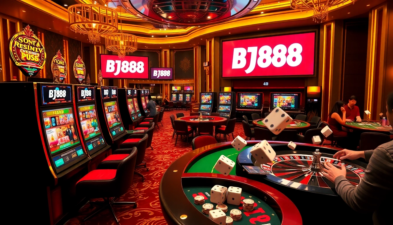 Experience thrilling gameplay at BJ88 with vibrant casino tables and engaging slot machines.