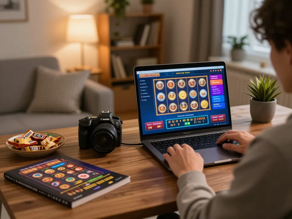 Sunwin player enjoying a thrilling slot game on a laptop in a cozy home setting.