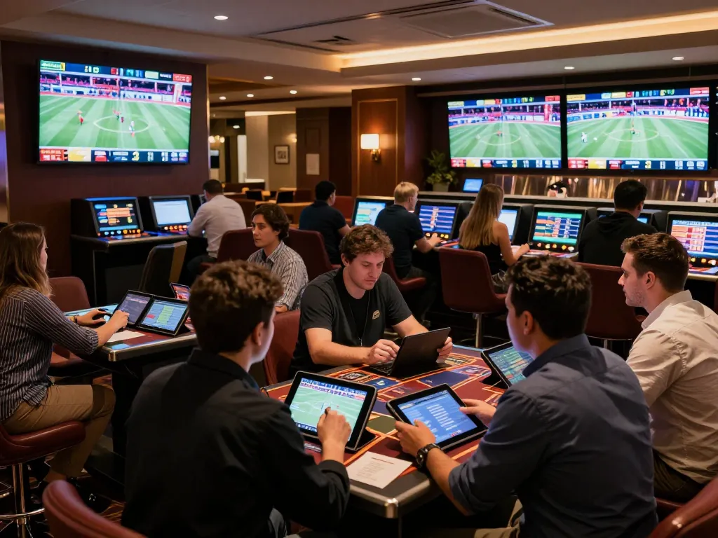 Betting excitement at 789WIN sportsbook with enthusiastic players placing wagers and enjoying live games.