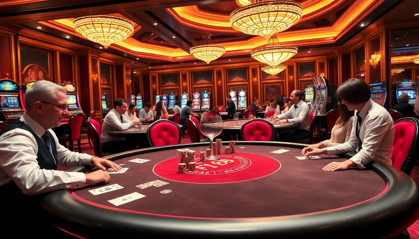 Experience the thrill of F168 with a luxurious poker table set in a glamorous casino environment.