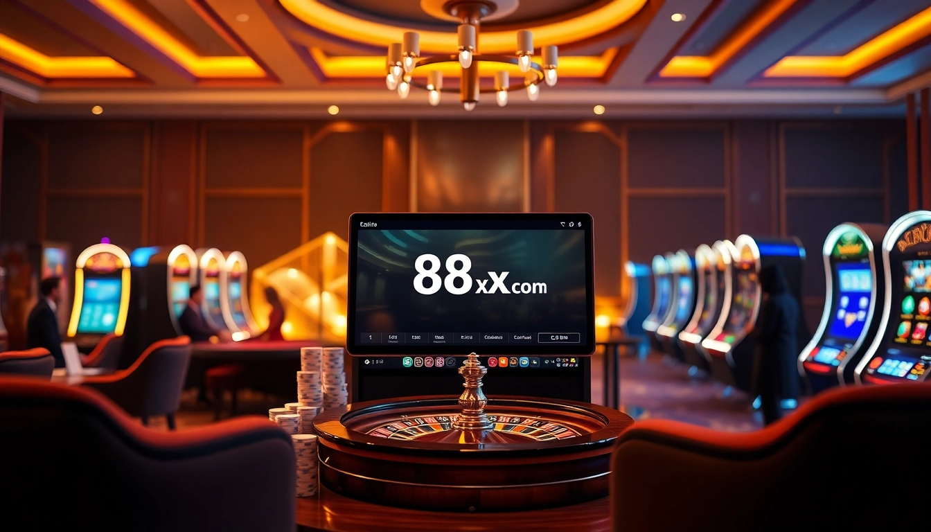 Engage with thrilling games at 88xx.co.com featuring an upscale online casino ambiance with roulette and poker elements.
