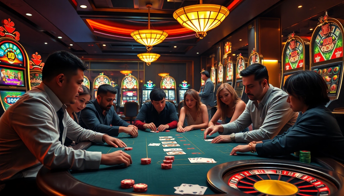 Players at a casino table immersed in action, showcasing Lu88 gaming excitement and luxury.