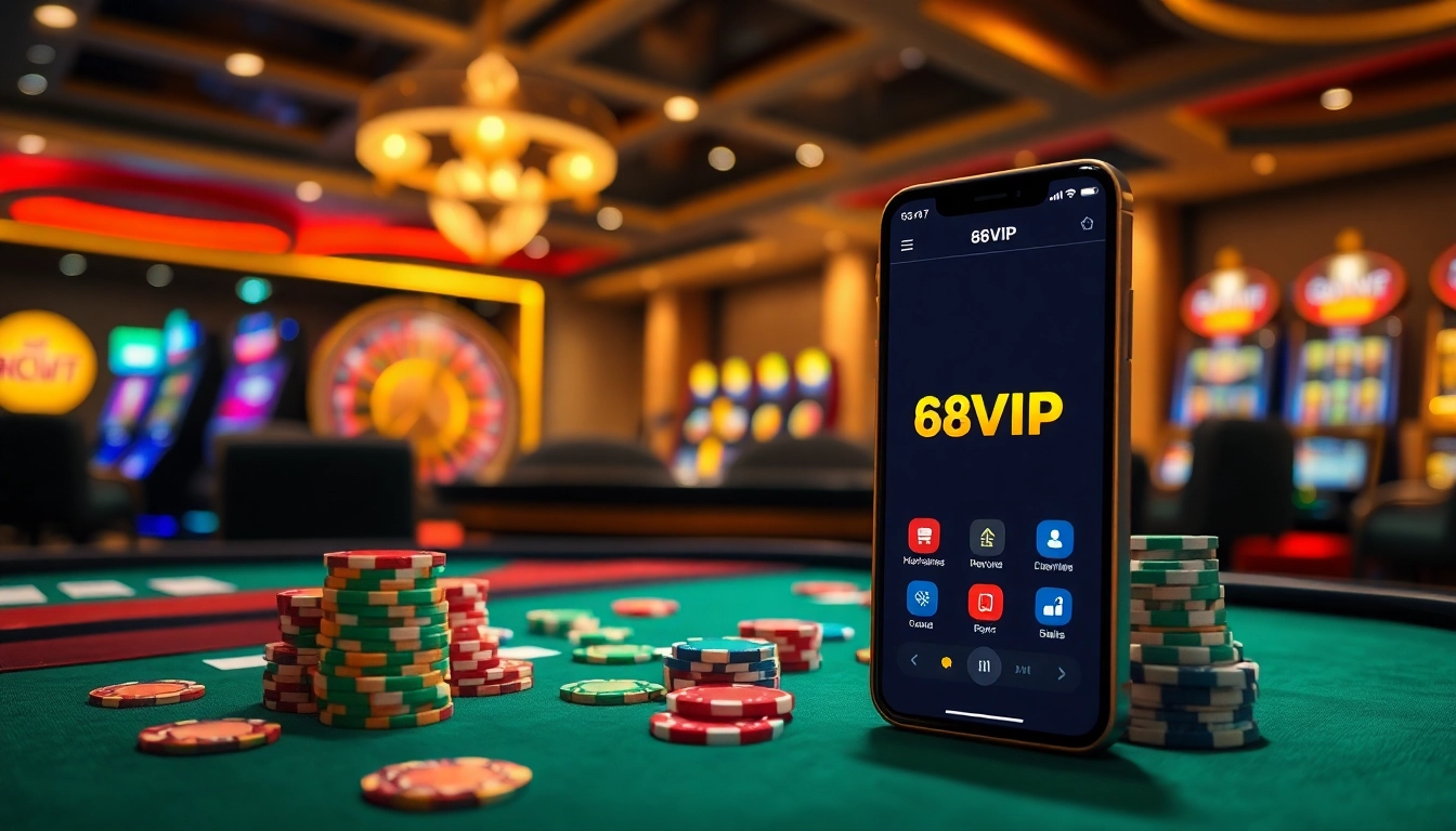 Tải App Nhà Cái 68VIP on a smartphone amidst a vibrant casino atmosphere showing poker chips and cards.