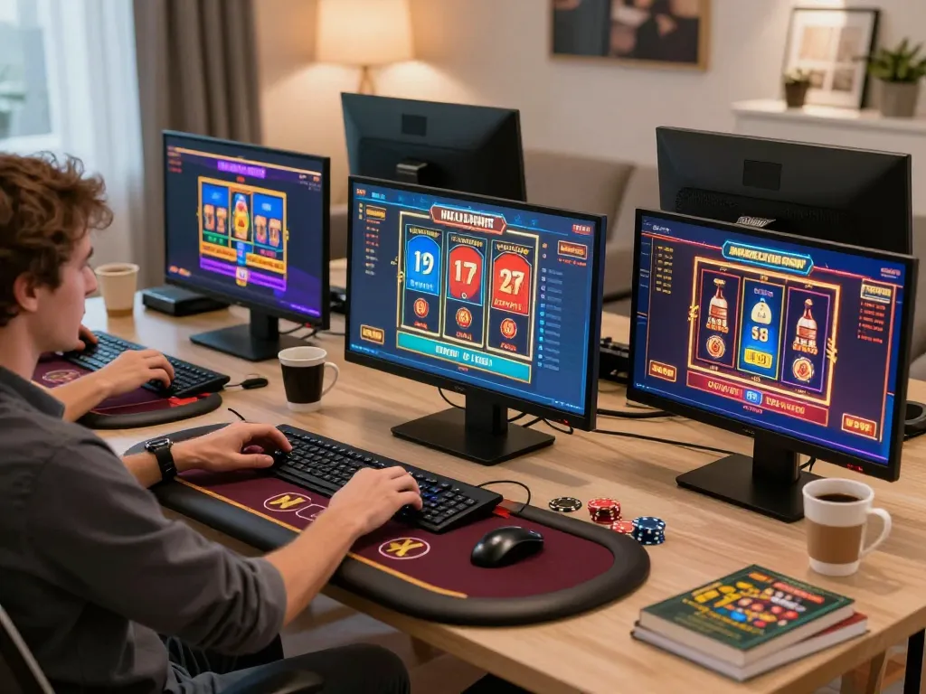 Player engages with LC88 online casino gaming setup, showcasing strategy and excitement in a modern workspace.